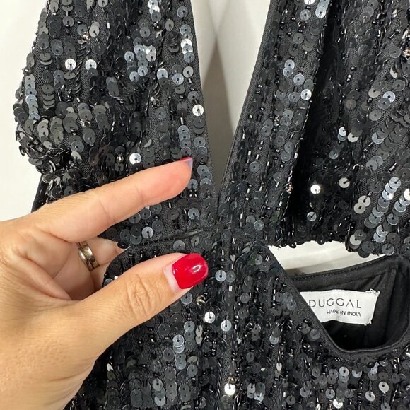 NWT Mac Duggal Silver Cut Out Halter Tie Back Sequin Gown Black 4 #8568 - Picture 5 of 10